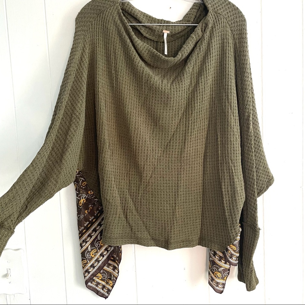 OOAK Free People dolman sleeve waffle knit thermal cowl neck olive army green